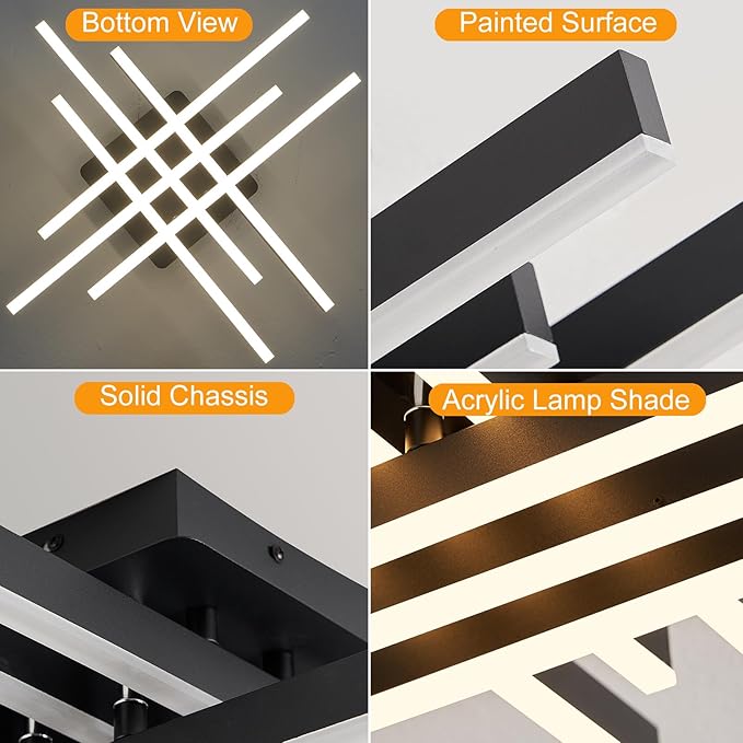 Modern LED Ceiling Light with Remote, Dimmable 21-inch Ceiling Lights for Bedroom Living Dining Room Kitchen, Black Flush Mount Ceiling Light Fixture LED Chandelier Ceiling Lamp (6-Light)