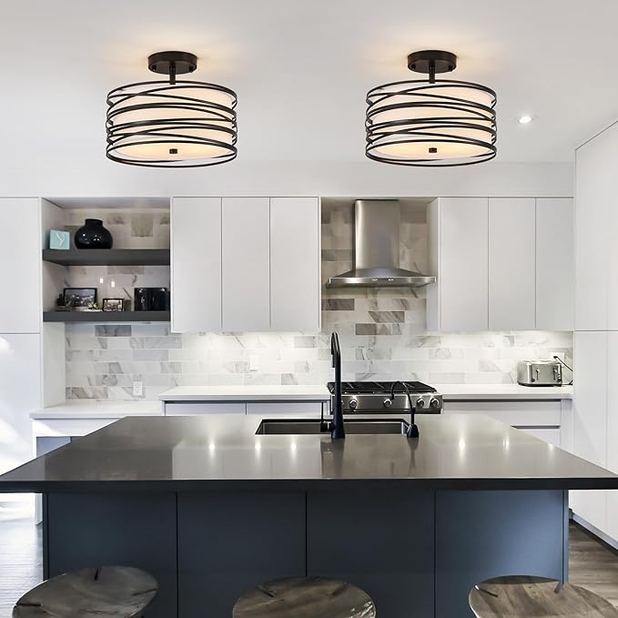 Drum Semi Flush Mount Ceiling Light Fixture, Black Matal & Linen Fabric Shade Ceiling Light, Modern Farmhouse Close to Ceiling Light for Bedroom, Hallway, Entryway, Dining Room, Laundry Room