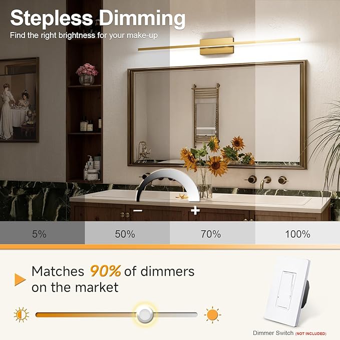 VOLISUN Modern Bathroom Vanity Light 48 inch, 30W Dimmable 5CCT Led Bathroom Light Fixture Over Mirror, Brass Bar Vanity Light for Bathrooms Mirror Cabinets Bedroom-ETL Certificated