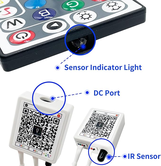 KEXU 44 Key RGB LED Strip Lights IR Remote Control, Remote Receiver for RGB LED Light Strip, 24V Power Adapter for LED Lights