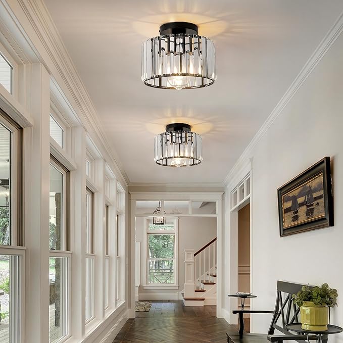 9 Inch Black Crystal Ceiling Light Fixture - Modern Semi-Flush Mount Chandelier with Premium Crystals for Entryway, Dining Room, Bedroom, Kitchen