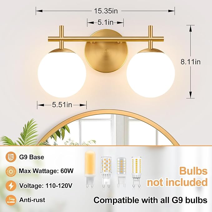 MOKATNG 2-Light Bathroom Light Fixtures, Brushed Gold Vanity Lights for Bathroom with Milky White Glass Shade, Bathroom Lighting Fixtures Over Mirror, Wall Sconce for Bedroom (Bulb Not Included)