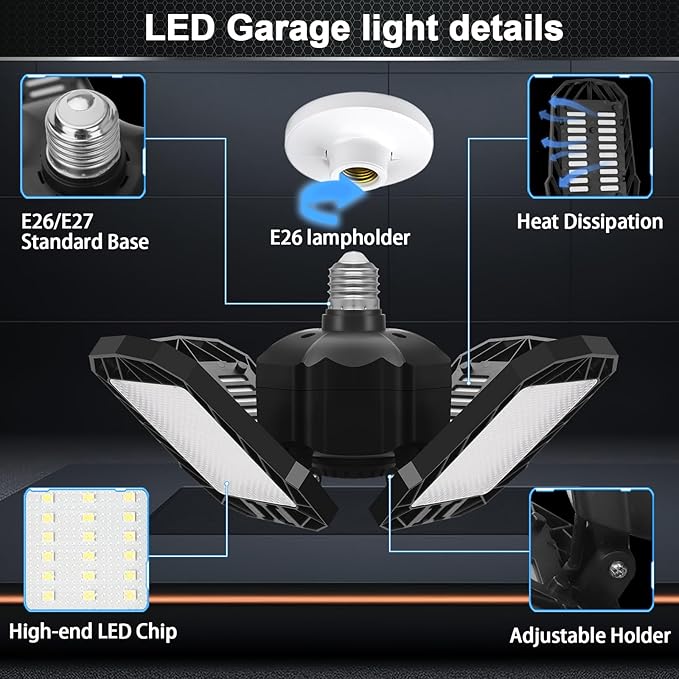 4 Pack LED Garage Light, 150W 15000LM 6500K LED Shop Lights, Garage Lights Ceiling Led with 4 Deformable Panels, Screw in E26/E27 Bulb Socket for Warehouse, Basement, Attic, Barn, High Bay Lighting