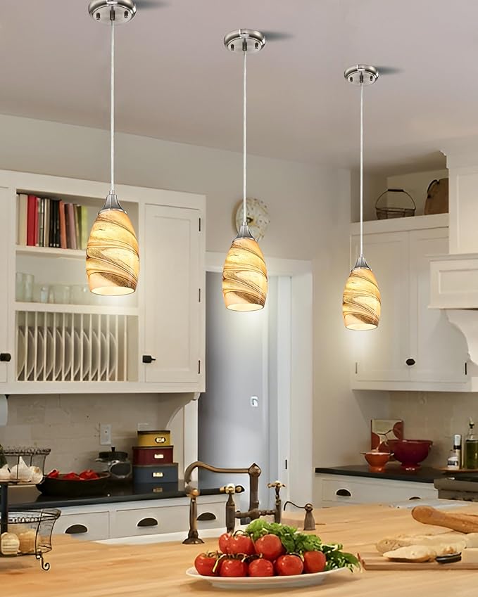 karyfine Mini Pendant Lights Kitchen Island Light Brown Glass Lamp Shade Hand Blown Glass Pendant Light with Brush Nickel Finish Adjustable Cord for Kitchen Over Sink, Dining Room (Light Brown-3P)