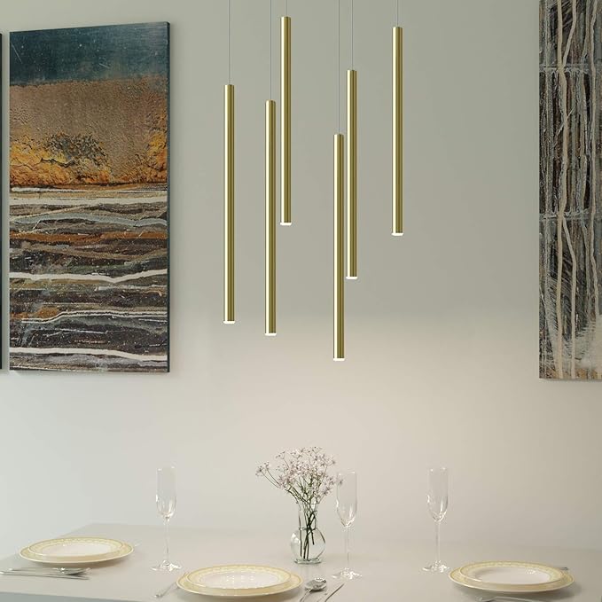 CANALIS 6 Mini Pendant Lighting Brass - LED Hanging Light Fixture for Kitchen Island, Bar, Foyer - Cluster Pendants - Dimmable, Adjustable Wire, Lamp Bulb Included