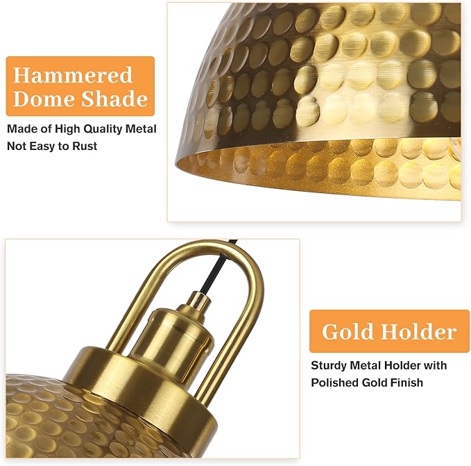 Gold Pendant Light Fixtures, 11.8" Hammered Pendant Light with Gold Holder, Adjustable Pendant Lights for Kitchen Island, Dinning Room, Living Room, Cafe Bar, 2 Pack