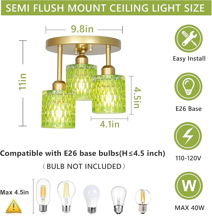 3-Light Semi Flush Mount Ceiling Light, Vintage Gold Kitchen Ceiling Light Fixture with Green Glass Shade, Mid Century Modern Close to Ceiling Lighting for Dining Room Hallway Entryway Bedroom