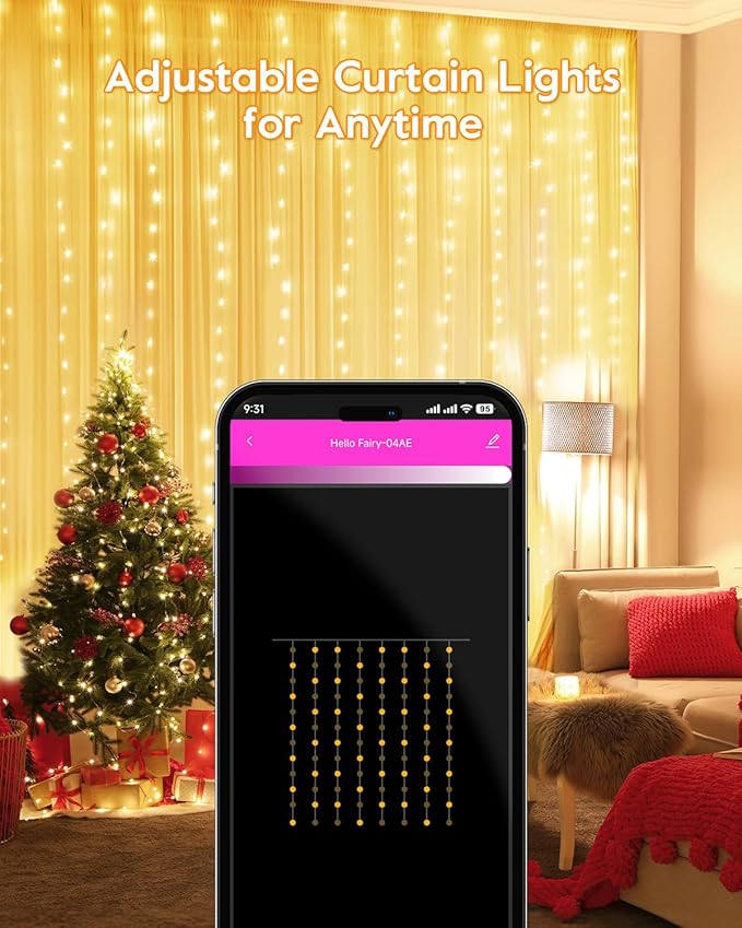 Smart Curtain Lights, USB Plug in, 9.8ft 300 LED Window Smart String Light with APP and Remote, 8 Modes, Waterproof Fairy Lights for Bedroom, Indoor, Weddings, Party, Christmas Ramadan Decorations