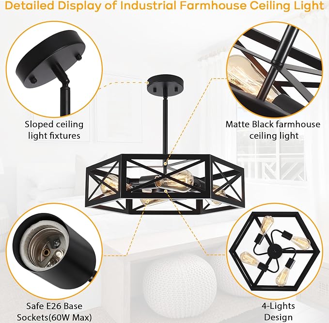 Black Semi Flush Mount Ceiling Lights, Sloped Dining Room Light Fixture Farmhouse Hexagon Chandelier, Kitchen Island Pendant Lighting Adjustable Height for Entryway Hallway Foyer