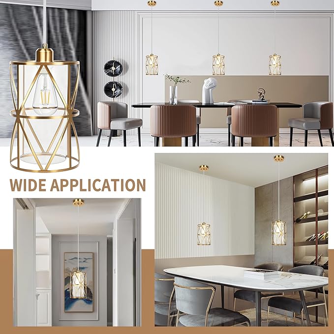 Brushed Gold Pendant Light, 5.4"×7.9" Dual-Shade Kitchen Island Lighting with Clear Glass Shade, E26 Adjustable Height 1"-61", UL Listed, for Dining Room Foyer Entryway — Bulbs Not Included