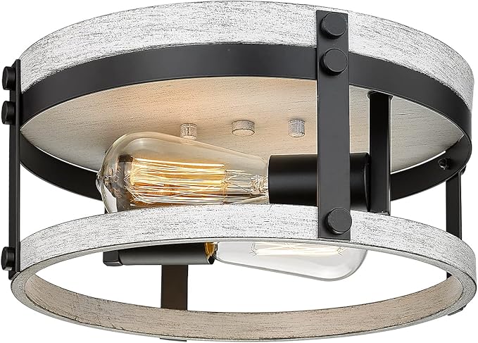2-Light Farmhouse Ceiling Light, 12 inch Oak White Kitchen Flush Mount Ceiling Light, Round Rustic Light Fixtures with Wood Finish for Hallway Entryway, OS-3016WH