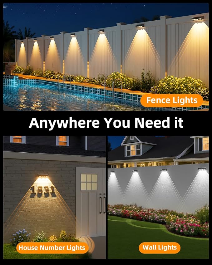 JOFIOS Solar Fence Lights Outdoor, 9 Fixed Colors ＆ Color Changing Fence Lights Solar Powered Waterproof IP65 Dusk-to-Dawn LED Deck Lighting for Patio, Railing, Pool, Porch, Backyard, Wall, 16 Pack