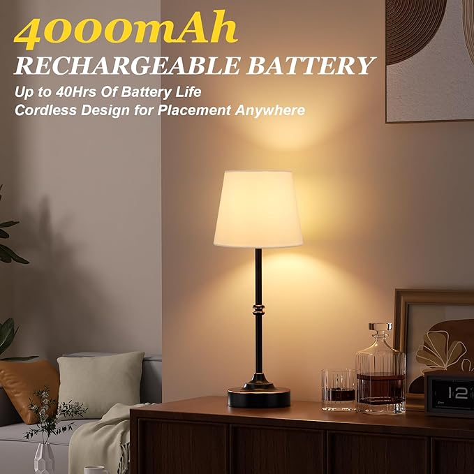 Kakanuo Rechargeable Cordless Table Lamp Antique Black - 2 Pack 4000mAh Battery Operated Lamp, 3000K Warm Light, Touch Control Stepless Dimming, for Bedside, Dining Table, Home Decor