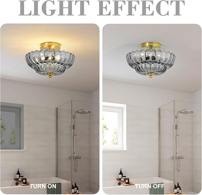 11.8 inch Kitchen Ceiling Light, 3-Light Semi Flush Mount Ceiling Lamp with Flower Glass, Modern Close to Ceiling Light Fixtures for Bathroom Bedroom Hallway Entryway, Smoky Grey