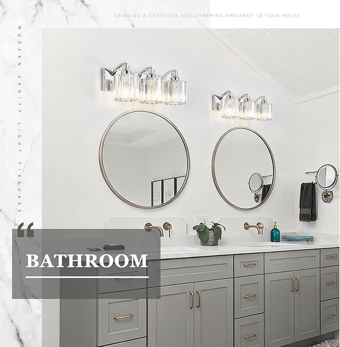 3-Light Modern Bathroom Light Fixture Chrome Vanity Lights Over Mirror Wall Sconce Lighting with K9 Crystal Shades Bathroom Wall Lamp E26 Base for Bedroom, Living Room, Hallway, Cabinet