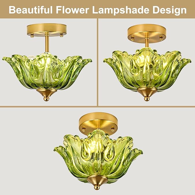 Semi Flush Mount Ceiling Light, Gold Vintage Light fixtures with Floral Green Glass Shade, Modern Close-to-Ceiling Lighting for Bedroom Kitchen Living Room Hallway