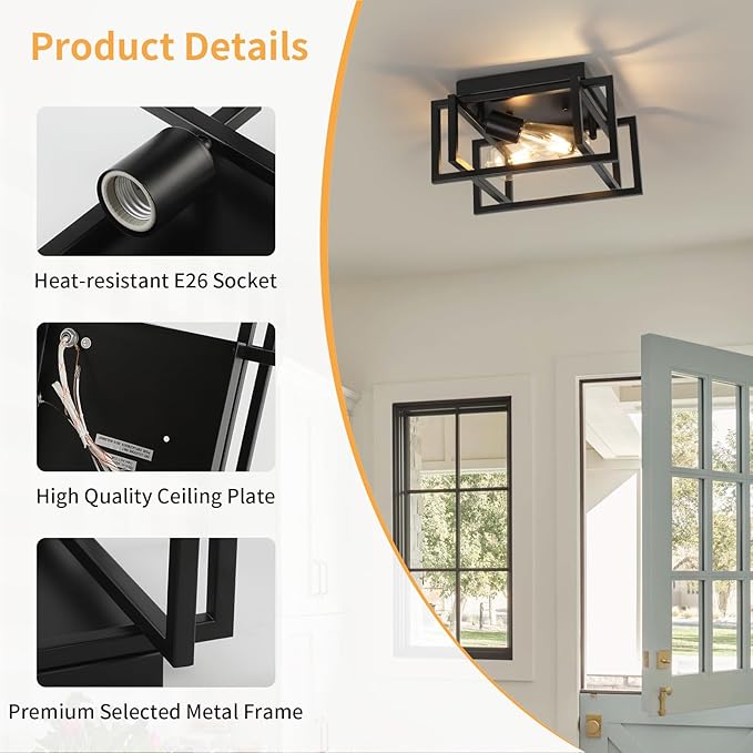 WILON Black Ceiling Light Fixture, Modern Square Semi Flush Chandelier Ceiling Lamp for Kitchen Dining Room Bedroom Laundry Room Living Room (2 Lights)