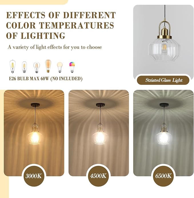 9in Mid Century Modern Clear Glass Pendant Light Fixture, Small Gold Kitchen Island Pendants Light Glass Ceiling Hanging Lamp for Foyer Dining Room Bedroom Entryway Hallway Over Sink