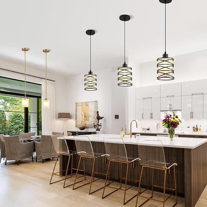2 Pack Pendant Light Kitchen Island Pendant Lighting, Hanging Light with Spiral Cage Frosted Glass Shade, Black Modern Indoor Hanging Lamp