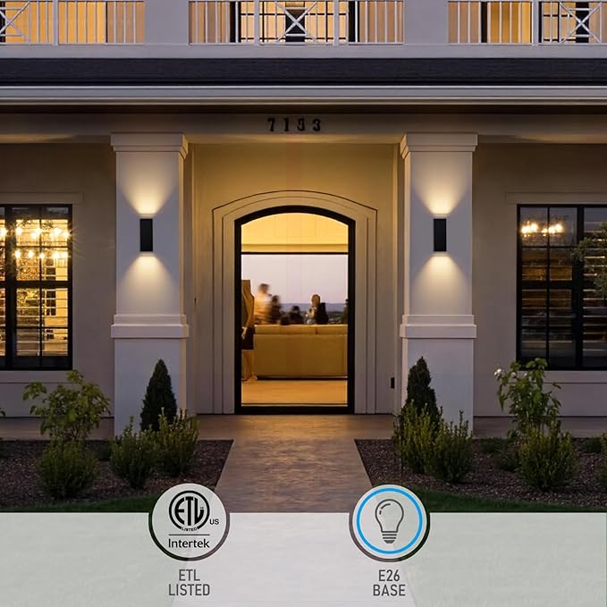 LEONLITE Modern Outdoor Rectangular Wall Lights 12", Up and Down Porch Patio Lights, Matte Black Waterproof Wall Sconce, Aluminum, E26 Base, Exterior Light Fixture Wall Mount, ETL, Pack of 2