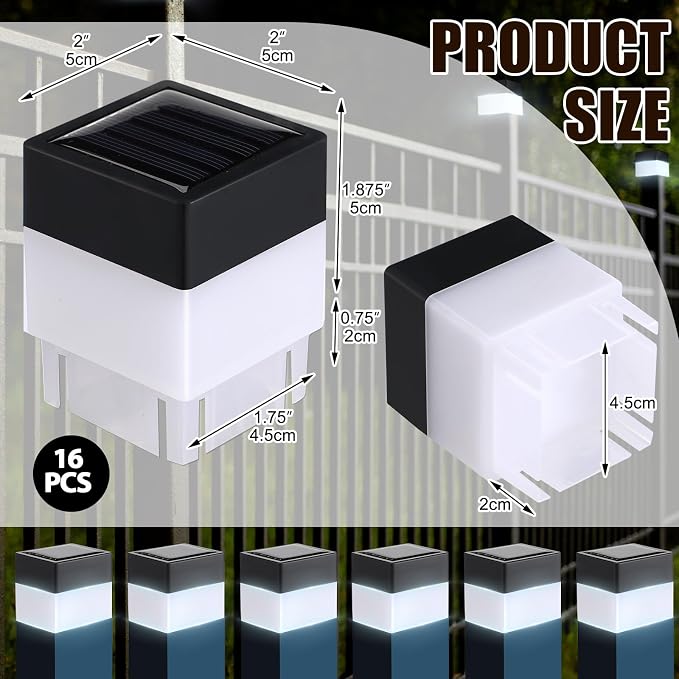 Tujoe Solar Post Cap Lights Fence Post Solar Lights 2in x 2in (5cm x 5cm)(White,16 Pack)