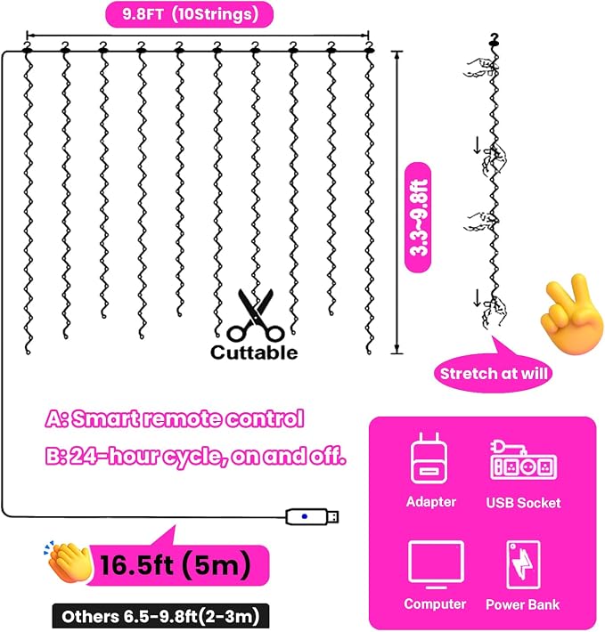 HXWEIYE 300LED Fairy Curtain Lights, 9.8x9.8Ft USB Plug-in 8 Modes Christmas String Hanging Lights with Remote for Bedroom Backdrop Wedding Indoor Wall Decor, Pink, Standard – 1 Pack