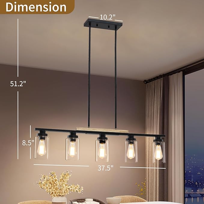 Yusist Farmhouse Kitchen Island Lighting,5-Light Dining Room Light Fixtures Over Table Linear Chandelier Pendant Lighting with Glass Shade and Adjustable Rods for Dining Table Living Room