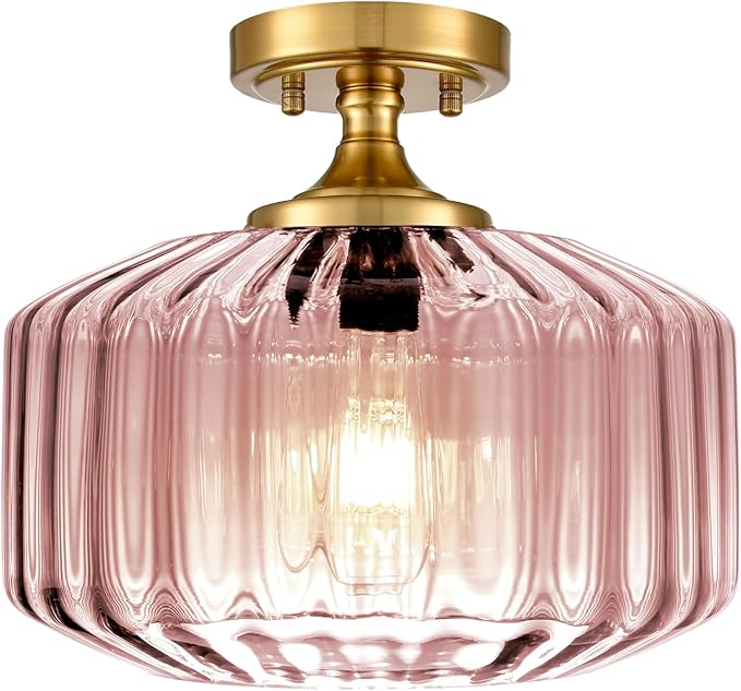 Pink Close to Ceiling Light Hallway Light Fixtures Vintage Antique Brass Ceiling Lamp with 11.02" Stripes Glass Shade Schoolhouse Flush Mount Ceiling Light for Closet Entryway Shower Light