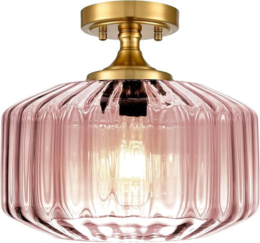 Pink Close to Ceiling Light Hallway Light Fixtures Vintage Antique Brass Ceiling Lamp with 11.02" Stripes Glass Shade Schoolhouse Flush Mount Ceiling Light for Closet Entryway Shower Light