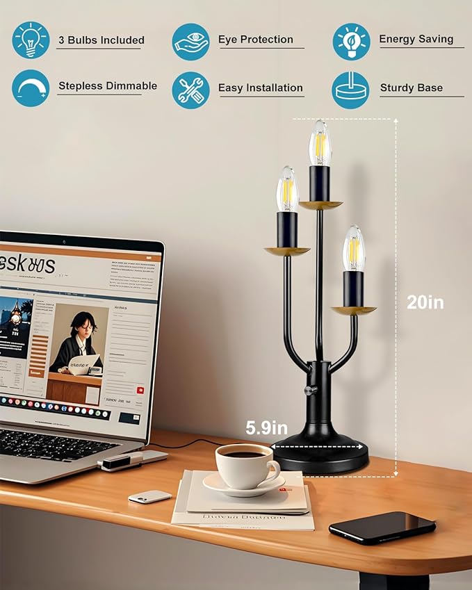 Lightdot Vintage Candle Table Lamp 3 - Light Candelabra Desk Lamp for Wedding/Party, 3000K Warm White Mid Century Nightstand Lamp Dimmable Bedside Lamps for Bedroom/Dining - Black