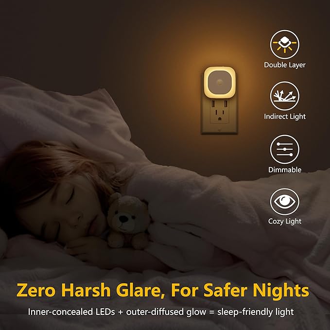 YUNLEX 2 Pack Plug in Night Light with Motion Sensor & Dusk to Dawn Sensor, 3 Sensor Modes, Dimmable, Reflected Light, Warm White Nightlight for Living Room, Bathroom, Hallway, Stairs, as Mother Gifts