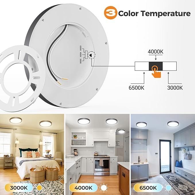 slochi 6Pack LED Flush Mount Ceiling Light Fixture, 9 Inch Light Fixture, 3000K-4000K-6500K Round Flat Bedroom Lights, Closet Round Surface for Bathroom Laundry Bedroom Hallway