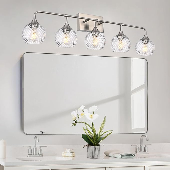 MELUCEE 5-Light Bathroom Lights Over Mirror in Brushed Nickel Finish, Modern Vanity Lights with Clear Striped Swirl Glass Shade Indoor Metal Wall Light Fixtures for Kitchen Powder Room Foyer