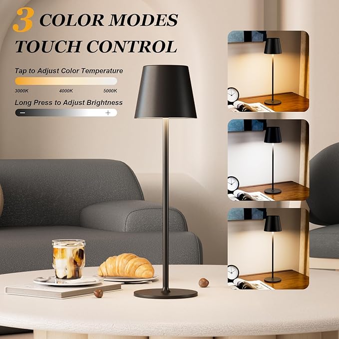 Kakanuo 20" Cordless Table Lamp Rechargeable Black - 2 Pack 5000mAH Battery Operated Lamp for Counter, 3 Color Stepless Dimming Wireless Lamp for Dining Kitchen, Outdoor Patio, Touch Control