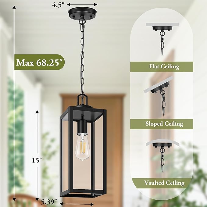 BesLowe 1-Pack Outdoor Pendant Light, 15” Modern Hanging Lantern Light for Outside, Black Exterior Pendant Lighting Fixture with Adjustable Chain, Outdoor Chandelier for Porch, Gazebo, Front Door