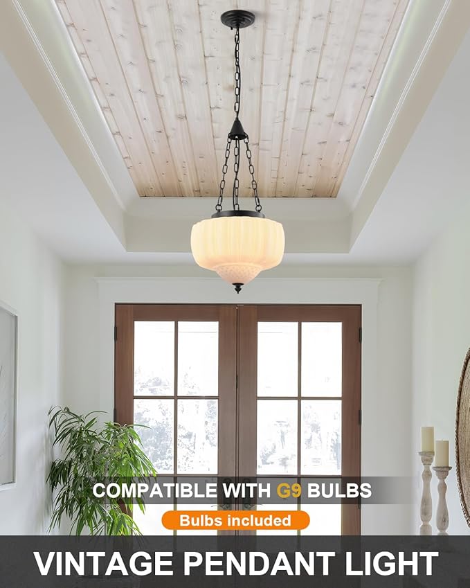 14 Inch Schoolhouse Pendant Light,Milk White Glass with Black Chain,Mid Century Modern Hanging Pendant Light,Vintage Light Fixture for Bedroom,Dining Room,Island,Hallway