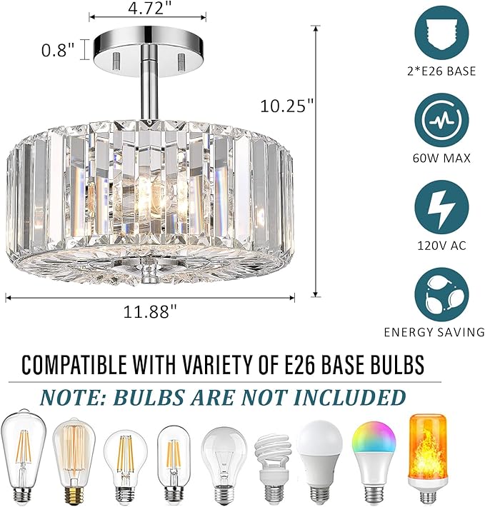 Crystal Light Fixture, Modern 2-Light Chrome Flush Mount Light Fixture, 11" Round Crystal Chandelier for Bedroom Entryway Kitchen Hallway Lighting, SF004-2-CH