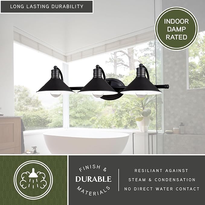 VAXCEL Akron 3-Light 28 inch Wide Oil Rubbed Bronze and Matte White Farmhouse Bathroom Vanity Lighting Fixture, Metal Shade, Dimmable, LED Compatible, Over The Mirror Mounted Steel Wall Sconce