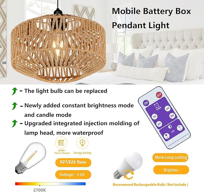 Battery Operated Pendant Light Outdoor Chandelier for Gazebo Hanging Lamp with Remote Timer Powered by 4*AA Batteries Boho Rattan Lampshade LED Lantern for Garden Farmhouse Porch Patio Backyard Decor