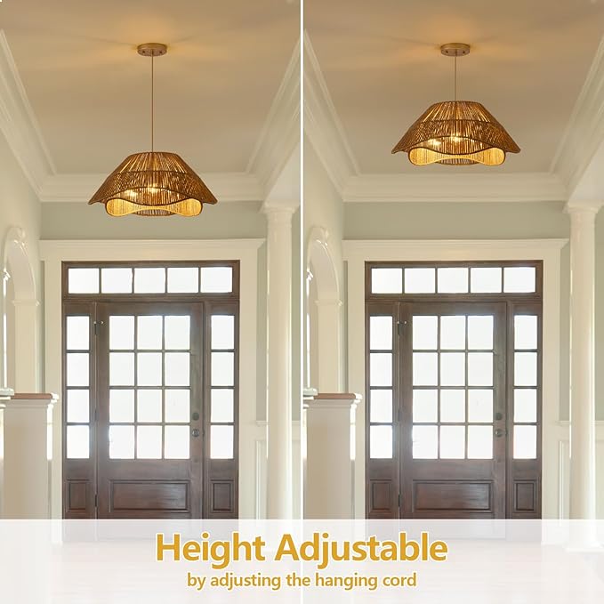 19.68" Large Gold Rattan Pendant Light, 3-Light Farmhouse Chandeliers for Dining Room, Woven Wicker Flush Mount Hanging Light, Adjustable Boho Pendant Lighting for Kitchen Island Bedroom