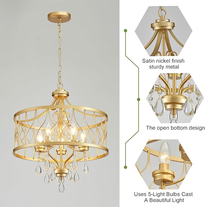 Gold Crystal Chandelier, 5-Light Modern Farmhouse Chandelier for Dining Room Vintage Hanging Pendant Light Fixtures, Gold Round Chandelier for Kitchen Island Entryway Foyer Bedroom Office Bar