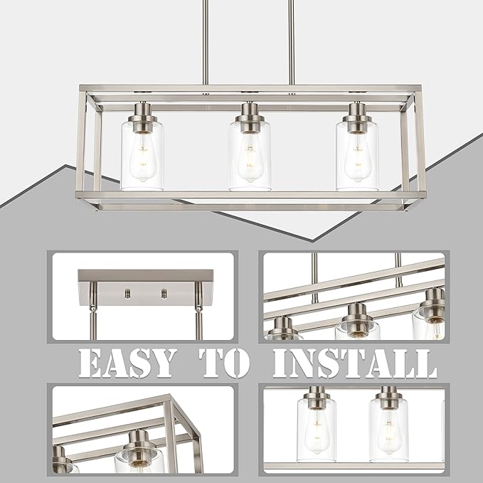MELUCEE Rectangle Chandeliers for Dining Room Brushed Nickel Finish 3-Light Kitchen Island Lighting Modern Light Fixtures Ceiling Hanging for Hallway Living Room, Clear Glass Lampshade