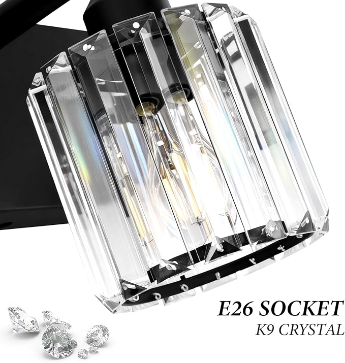 Black Crystal Bathroom Vanity Light, 4-Light Modern Bathroom Lighting Fixtures Over Mirror, Matte Black Wall Sconce Light Fixtures with Round Shade