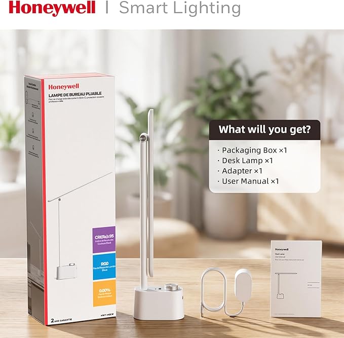 Honeywell LED Desk Lamp - Sunturalux Desk Lamps for Home Office with USB A+C Charging Ports, 3 Color Modes Stepless Dimmable Eye-Caring Foldable Desk Light for Bedroom Table Reading Study(White)
