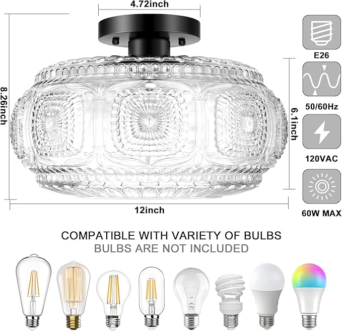Semi Flush Mount Ceiling Light, Upgraded 12 inch Larger Black Glass Ceiling Light Fixture, Vintage Lighting for Hallway Kitchen Bedroom Dining Room, Bulb Not Included