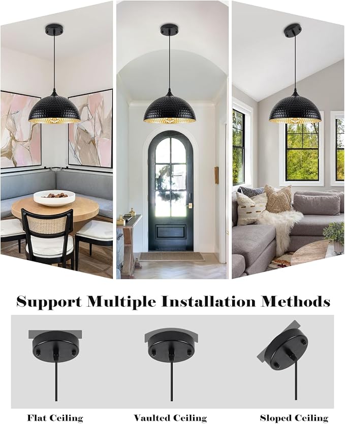Black Pendant Lights Kitchen Island 3 Pack, 12 Inch Hammered Dome Pendant Light, Farmhouse Kitchen Pendant Lights, Industrial Hammered Pendant Light for Kitchen, Dining Room, Barn