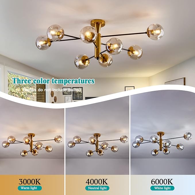 hesoge 8 Light Sputnik Semi Flush Mount Ceiling Light Fixture Mid Century Modern Chandelier with Glass Globe Black Gold Ceiling Lighting for Dinning Room Farmhouse Kitchen Bedroom Living Room