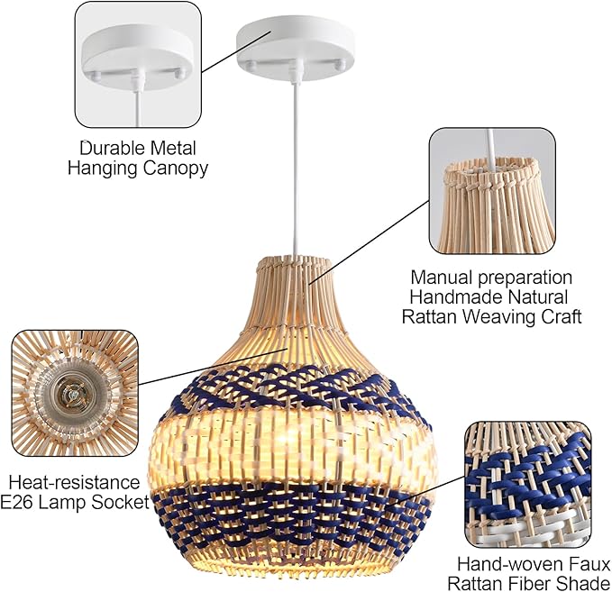 3-Pack Rattan Pendant Light Fixture 10.24" Blue White Hand-Woven Basket Fax Rattan Chandelier Boho Mini Wicker Hanging Lamp for Dining Living Bedroom Kitchen Farmhouse