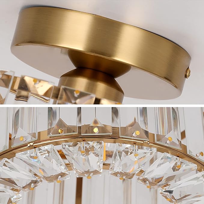 Crystal Modern Semi Flush Mounted Ceiling Light Fixture Brass Chandelier for Hallway, Dining Room, Foyer, Living Room, Bedroom, Entryway
