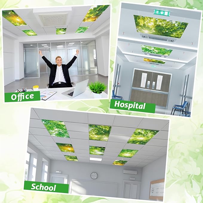 8 Pcs Fluorescent Light Covers with 80 Magnets Decorative for Classroom Ceiling Light 4 x 2 Ft Magnetic Light Covers Filter Easy Install for Office Hospitals & Home Drop Ceiling Supplies (Green Leaf)